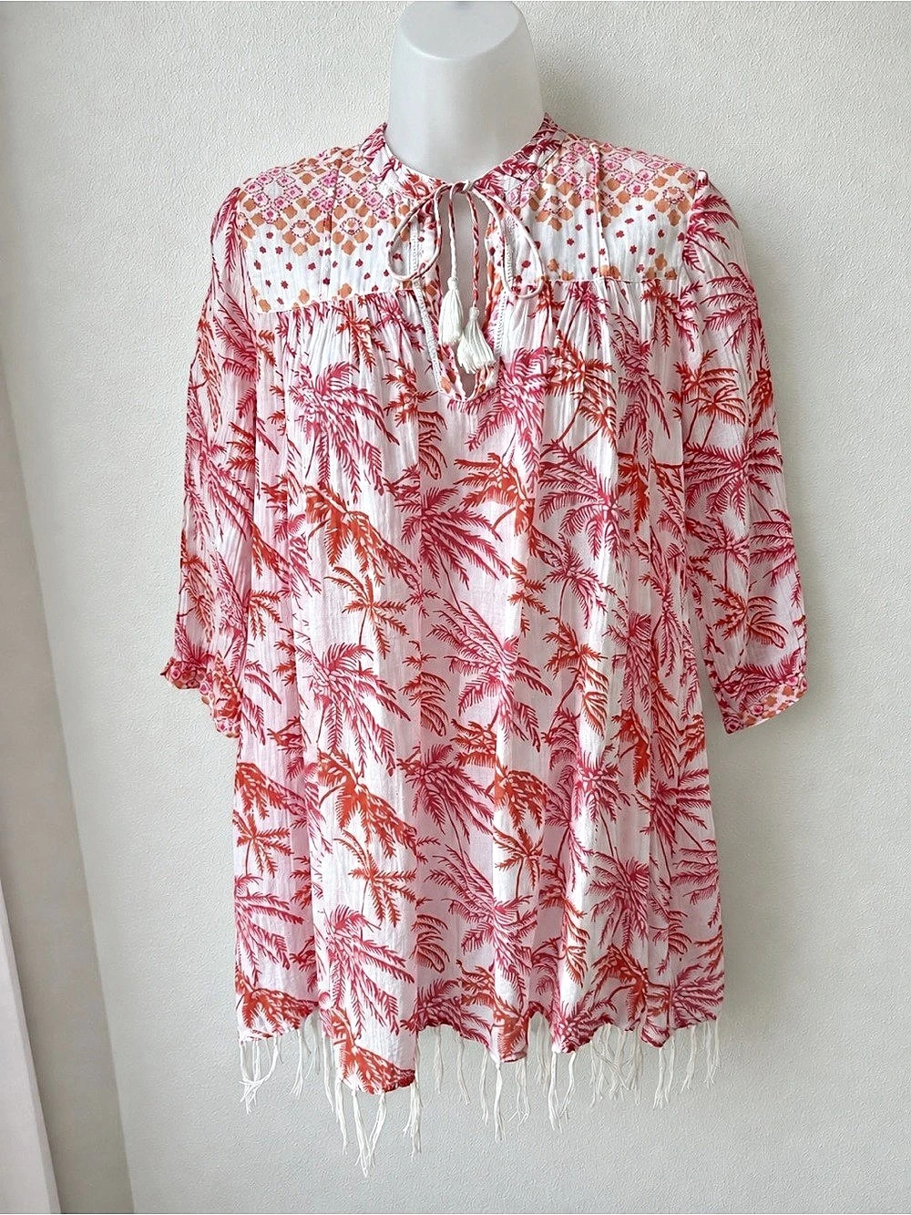 Roberta Roller Rabbit Tunic XS Coral Palm Fringe Tassel Cotton